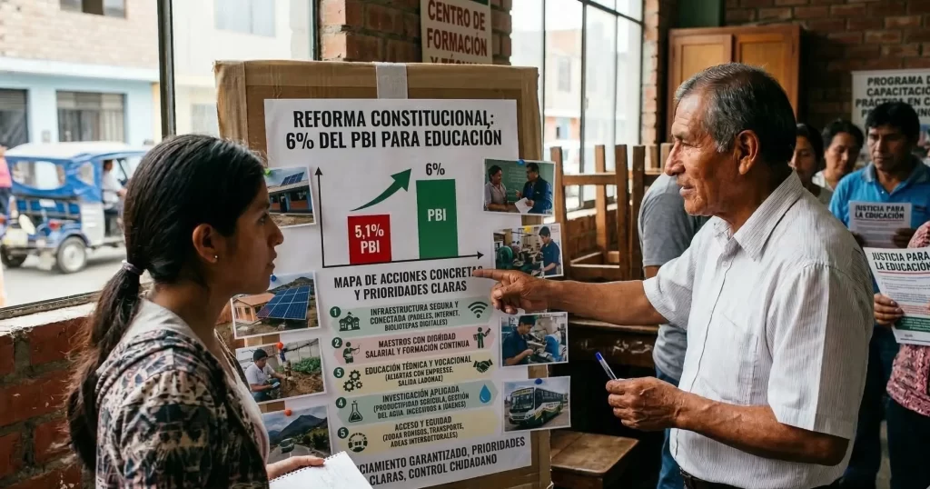 Política pública: el vínculo directo entre el aumento del PBI y la transformación de la educación. La imagen simboliza propuestas de dignificación docente, investigación aplicada y aulas interculturales en el Perú.