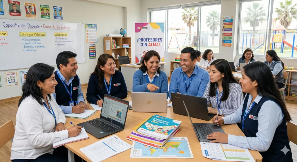 Capacitación docente en Perú realizada dentro del horario laboral con profesores participando activamente en su formación.